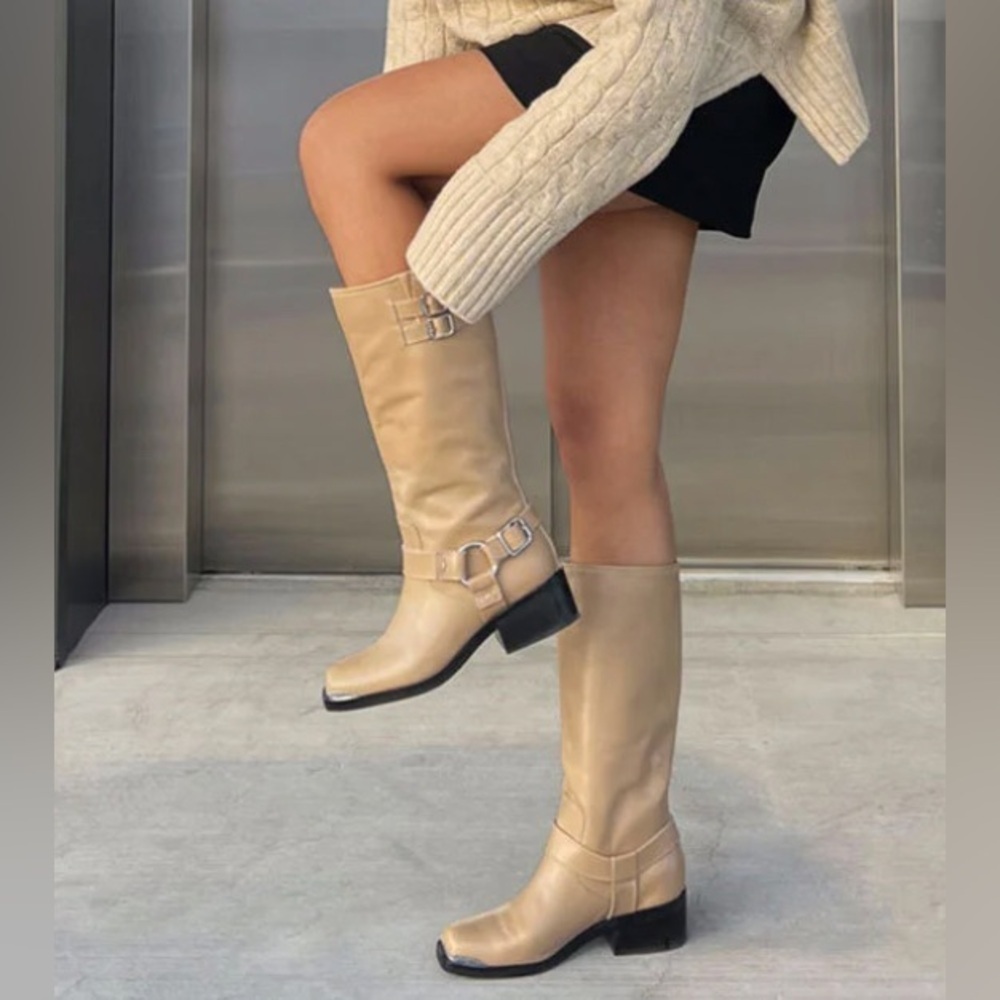 NEW Dolce Vita Evi Camel Leather Tall Harness Buckled Boots Women’s 7.5
